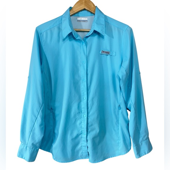Columbia PFG Women's Size L Blue Nylon Long Roll Tab Sleeve Fishing Shirt - Picture 1 of 11